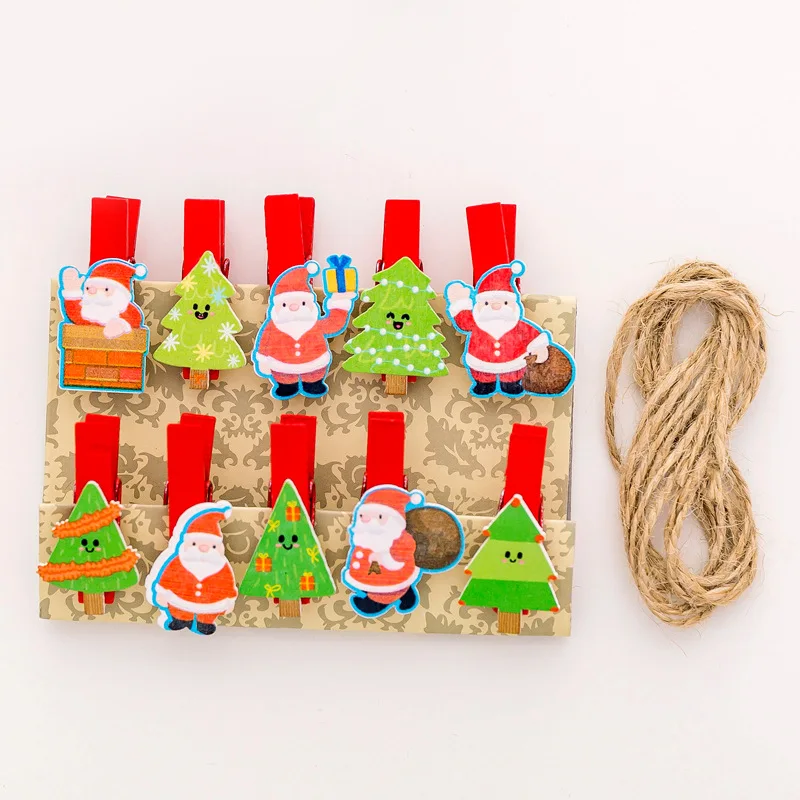 

Christmas Wooden Clip Photo Clip Cute Cartoon Color Clip with Hemp Rope Photo Wall Clip