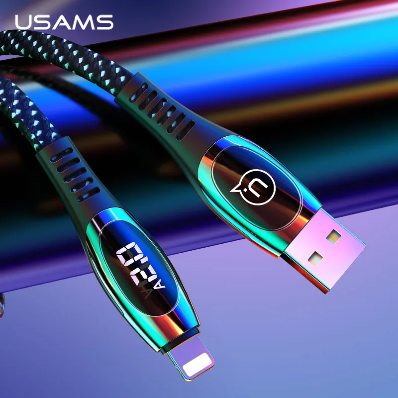 USAMS USB кабель для iPhone X XS XR XS Max 8 7 6 6s Plus кабель для мобильного телефона 2A быстрое зарядное Освещение кабель с цифровым дисплеем