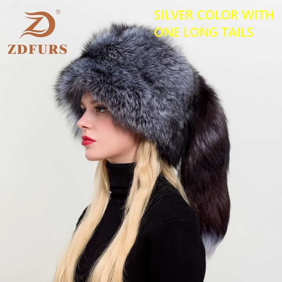 ZDFURS* Женская русская ушанка Авиатор Охотник лисий мех бомберы шапка натуральный Лисий мех шапки купол монгольская шапка - Цвет: silver blue  1 tail