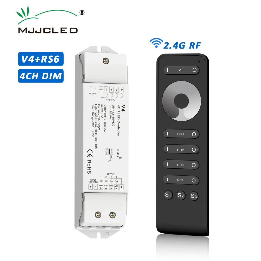 

LED Controller Dimmer 12V 24V 36V DC 4CH PWM 2.4G RF Wireless Remote Push Switch Control Single Color LED Strip Lights Dimer V4