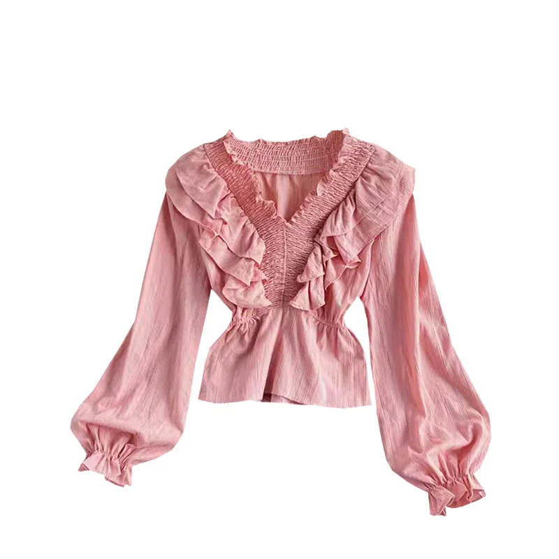 

Spring Autumn New V-neck Pleated Shirt Women's Ruffled Temperament Trumpet Sleeves Are Thin Wild Cropped Top C153