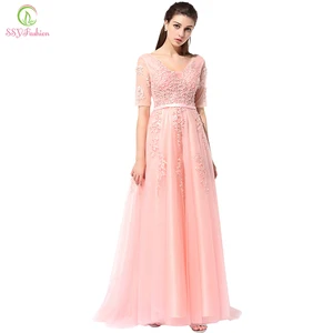Женское вечернее платье SSYFashion, кружевное банкетное платье с V-образным вырезом, рукавом до локтя и вышивкой, длинное платье для вечеринки и выпускного вечера, индивидуальный пошив