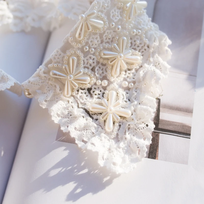 

Women Sweet Faux Pearl Beading Floral Fake Collar Shawl Wrap Hollow Out Ruffled Lace Necklace Decorative Short Poncho