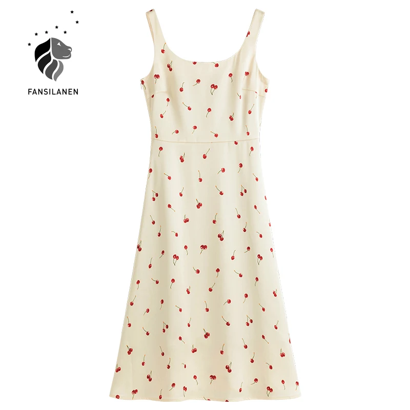 

FANSILANEN Office Lady French Small Cherry Sling Dress Female 2021 Summer New Light Yellow Casual Zipper High Waist Long Dress