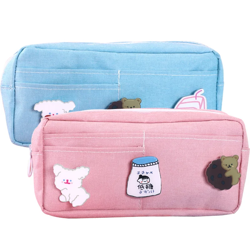 

New Pen Bag Ins Style Large-Capacity Oxford Cloth Stationery Box Student Cute Detachable Badge Diy Creative Storage Pencil Stati