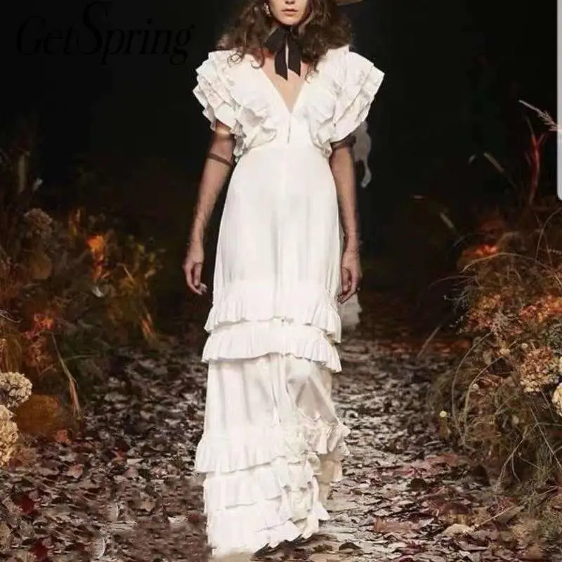 GetSPpring женское платье с глубоким v образным вырезом рукавом бабочкой белое