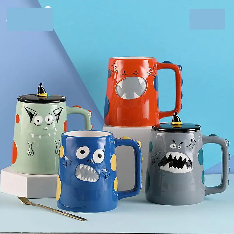 

450ml 3D Hand-painted Fun Creative Ceramic Mark Coffee Cup With Lid Spoon Fashion Cups Children's Friends Birthday Gift Cup