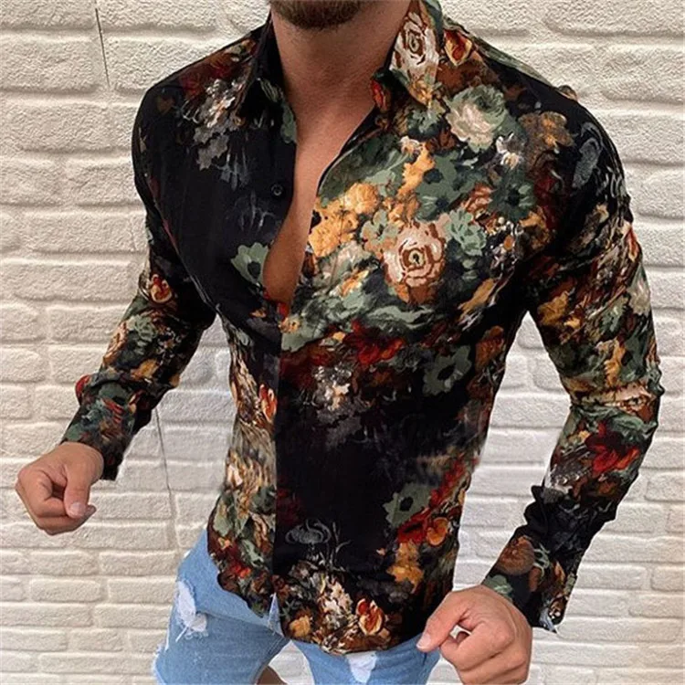 

Europe and America Man Fashion Shirt New autumn Long-Sleeved Shirt Print Casual Brand Clothing Men's Slim Tops Street Wear2021
