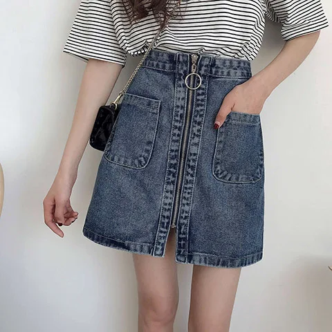 

Spring Summer Skirt Women Denim Solid Zipper Vintage Fashion High Waist Korean Style Office Lady Casual Student Clothing D297