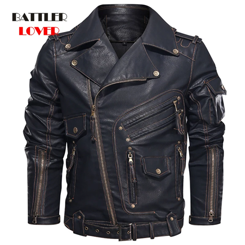 

Men Winter Leather Jacket Man's Fashion Motorcycle Biker Jackets for Male Cool Zipper Pockets Vintage Punk Coats Plus Size S-5XL
