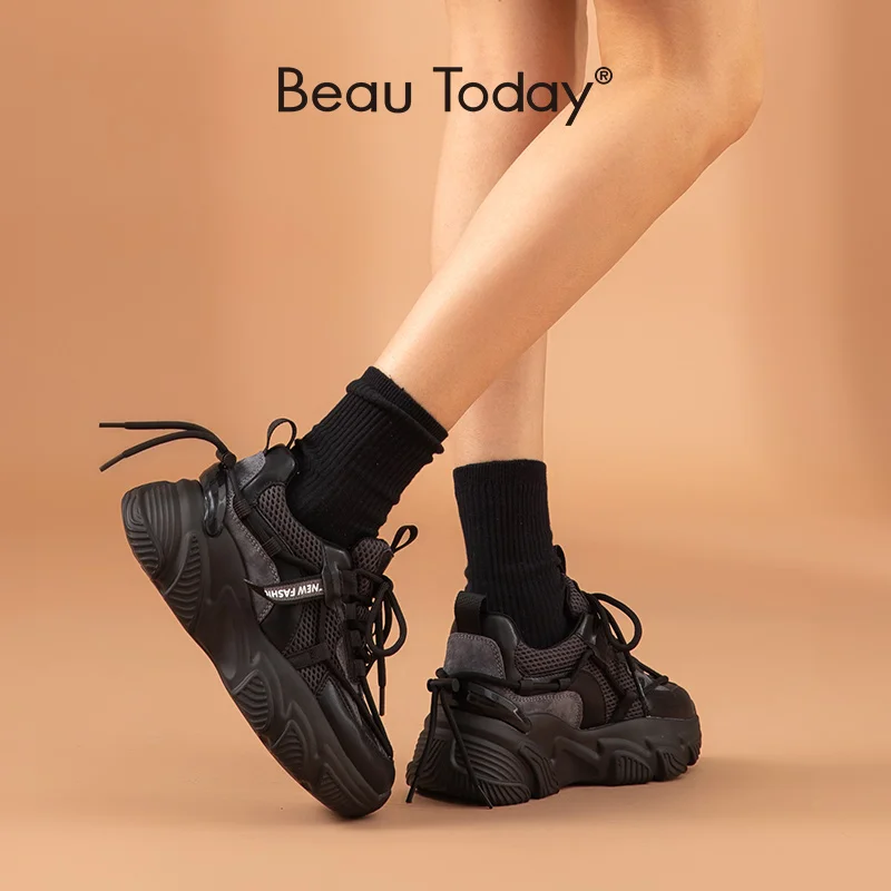 

BeauToday Chunky Sneakers Women Mesh Thick Sole Black Trendy Lace-Up Round Toe Lady Shoes Light Fashion Handmade 29397