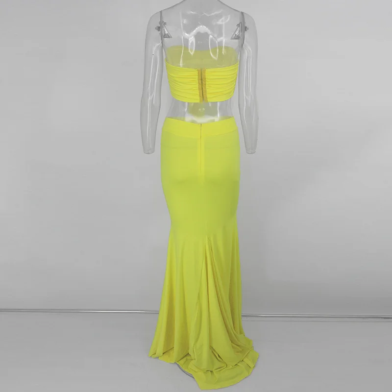 Dressmecb, элегантный комплект из двух предметов, с бантом, без бретелек, укороченный топ и макси юбки, бодикон, сексуальный комплект из 2 предметов, Womne, летняя одежда