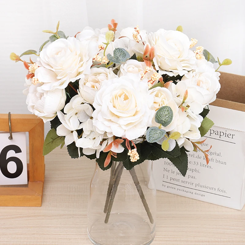 

European Vintage Silk Bouquet Hydrangea Peony Artificial Flowers Bride Holding Fake Flower Home Wedding Decoration Accessories