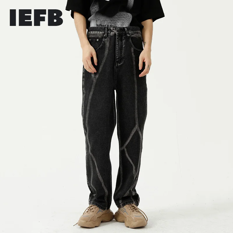 

Новинка 2021, модные мужские брюки IEFB в Корейском стиле, свободные прямые черные джинсы с принтом линий и широкими штанинами