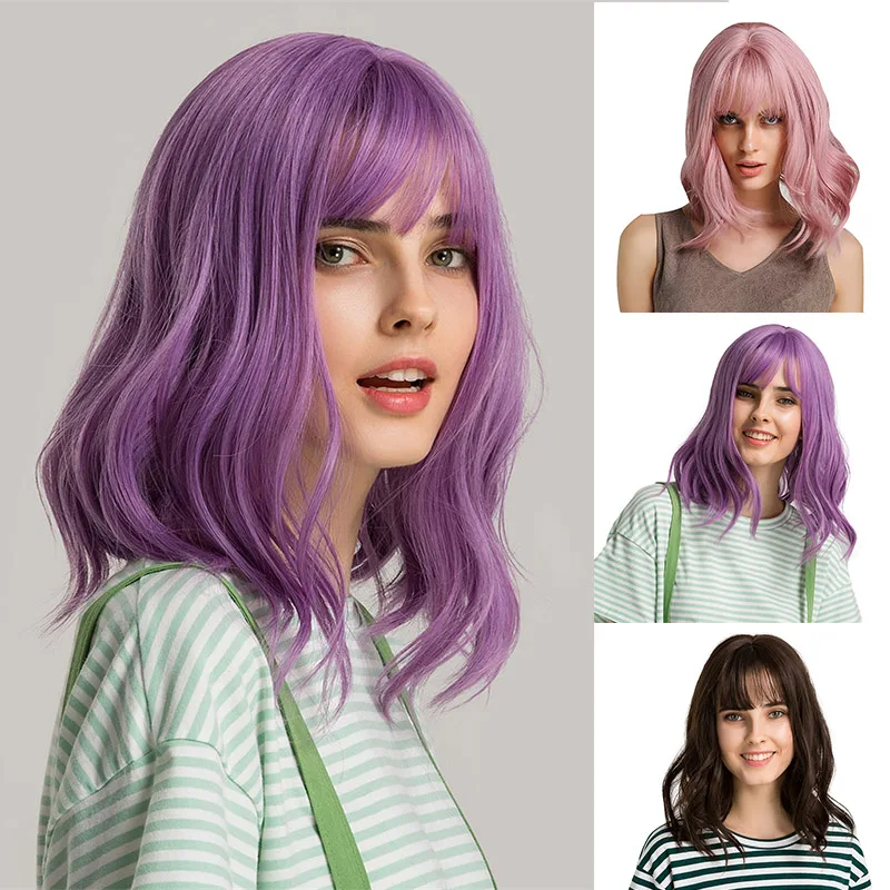 14 дюймов короткие волны воды парики с челки термостойкие волокна волнистые для