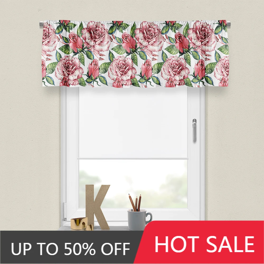 

Customized Roman Curtain Short Drapery Half-Curtain Red Flower Colourful Pastoral Small Window Living Room Kitchen Locker Door