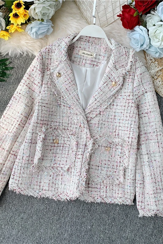 

Korean 2019 Autumn Women White Black Plaid Outerwear Vintage Long Sleeve Pockets Jacket Coat Elegant Tassel Single Button Jacket