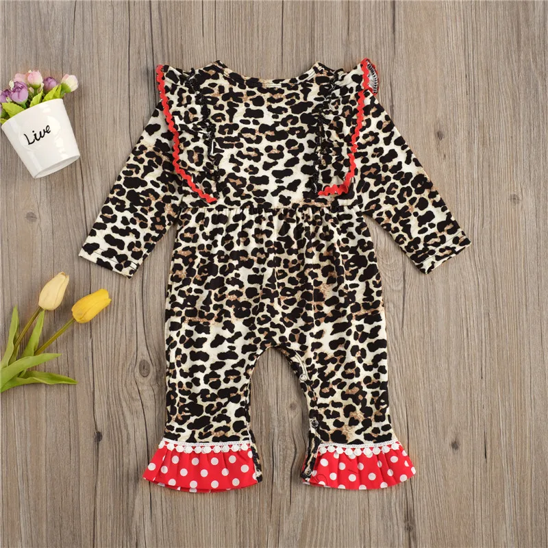 

Baby Girls Long Sleeve Jumpsuit, Leopard Printed Pattern Round Collar Fly Sleeves One-piece, 0-24 Months