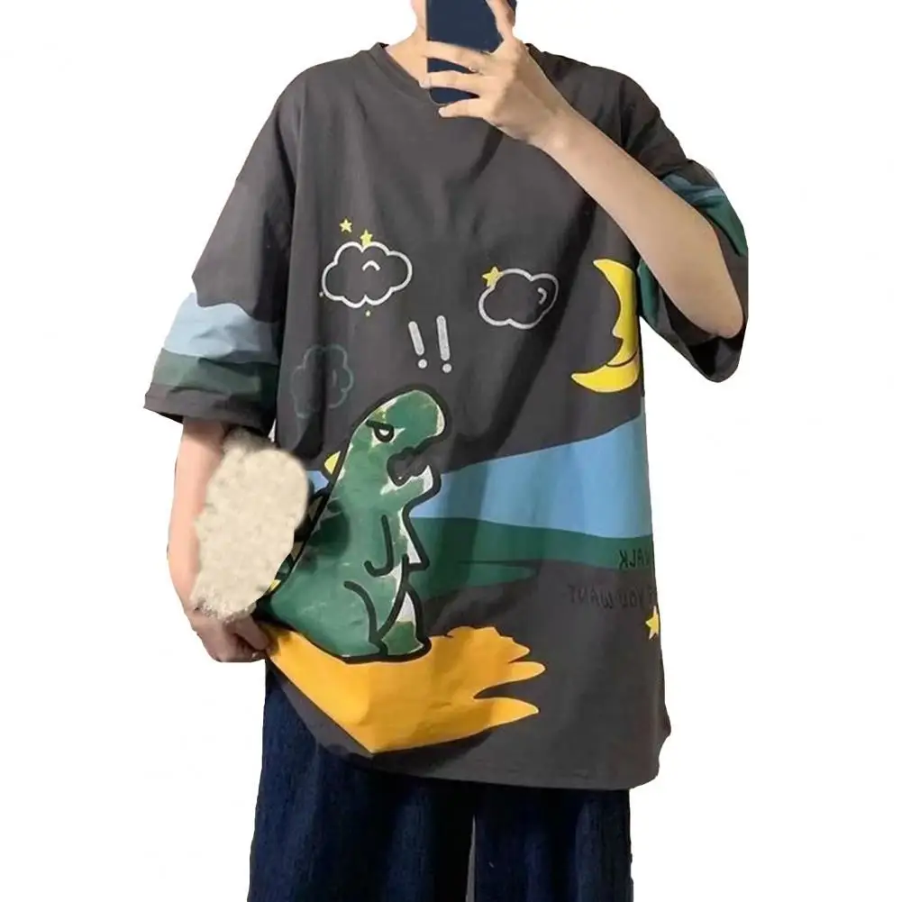 

Universal 2021 Summer New Stylish Couple T-shirt Cartoon Print Short Sleeve Round Neck Youth Casual Top Oversized for Daily Wear