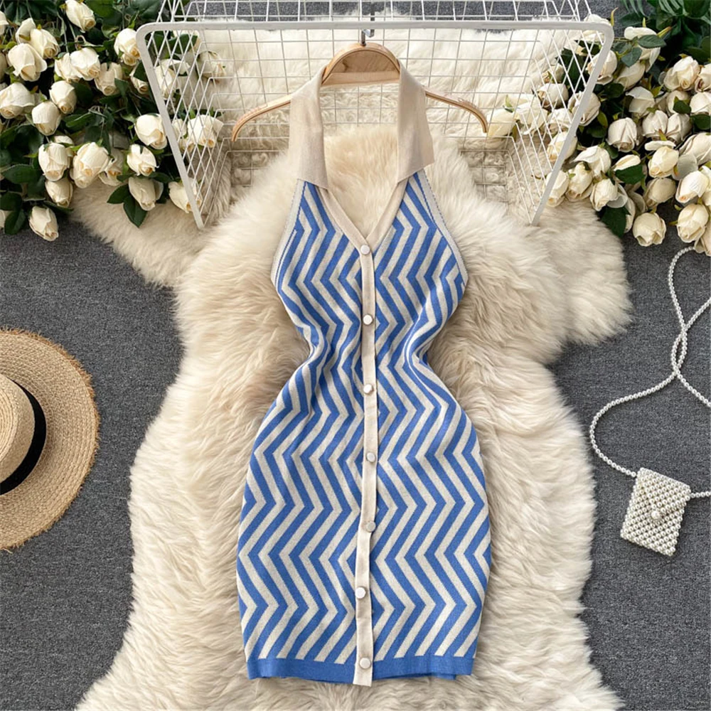 Women Halter Knitted Sexy Dress Summer Fashion Patchwork Midi Dresses Casual Slim Backless Sundress Gown Female Clothing 2021