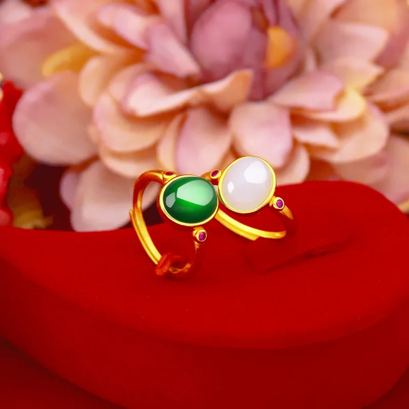 Luxury 14k Gold Ring for Women Anniversary Jewelry Chalcedony Green Emerald Rings Gemstone Ring Oval Egg Stone Jade Fine Jewelry