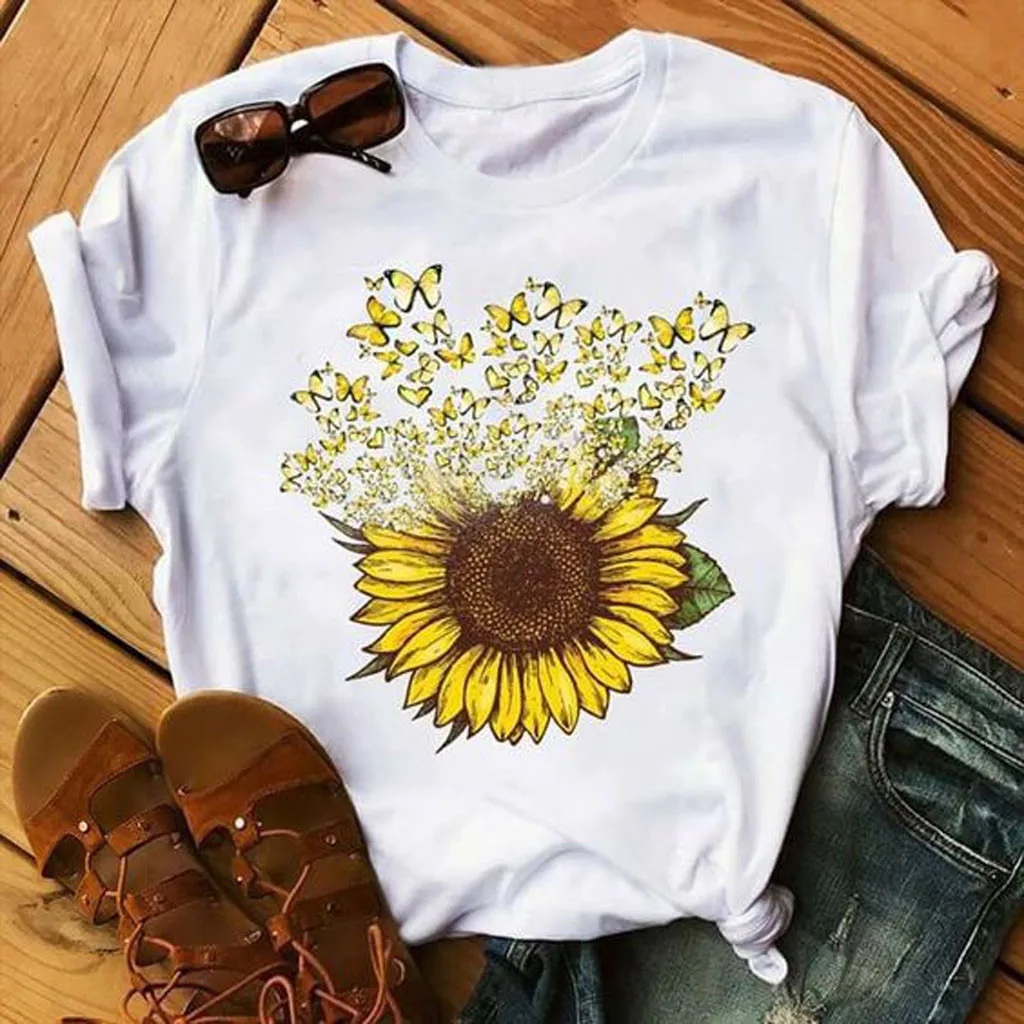 Футболка женская с принтом Sunflower Power Свободная Повседневная рубашка Харадзюку