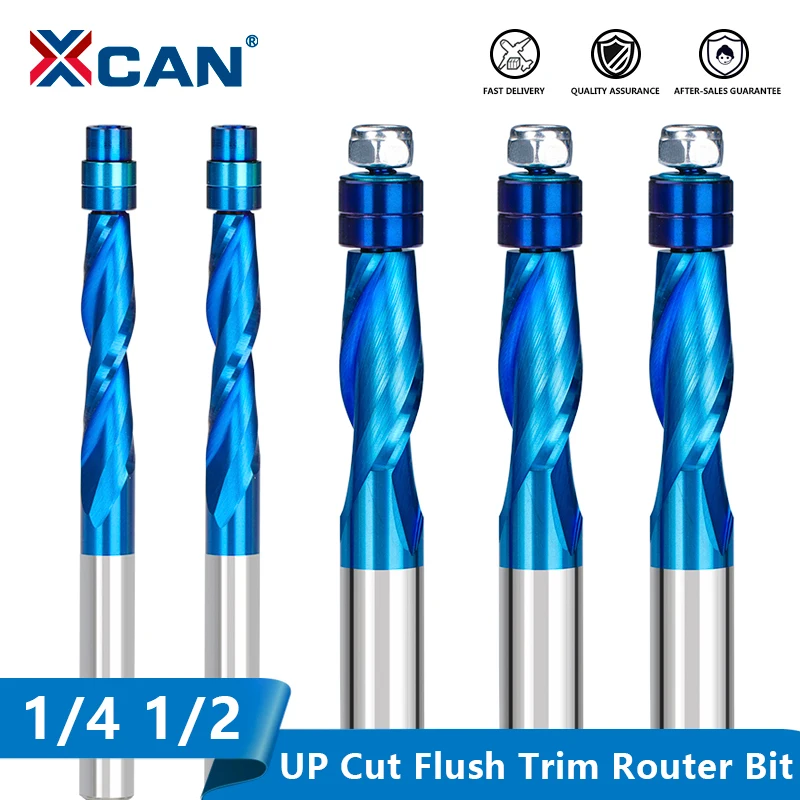 XCAN Router Bit Two Flute Flush Trim Wood Milling Cutter UP Cut Mill with Bearing 1/4 1/2 Shank Spiral End Mill