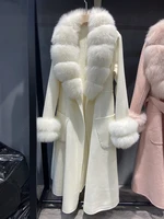 Hot Sale Women Fashion Winter Handmade Double Side Woolen White Real Fox Fur Collar Long Warm Female Wool Coat
