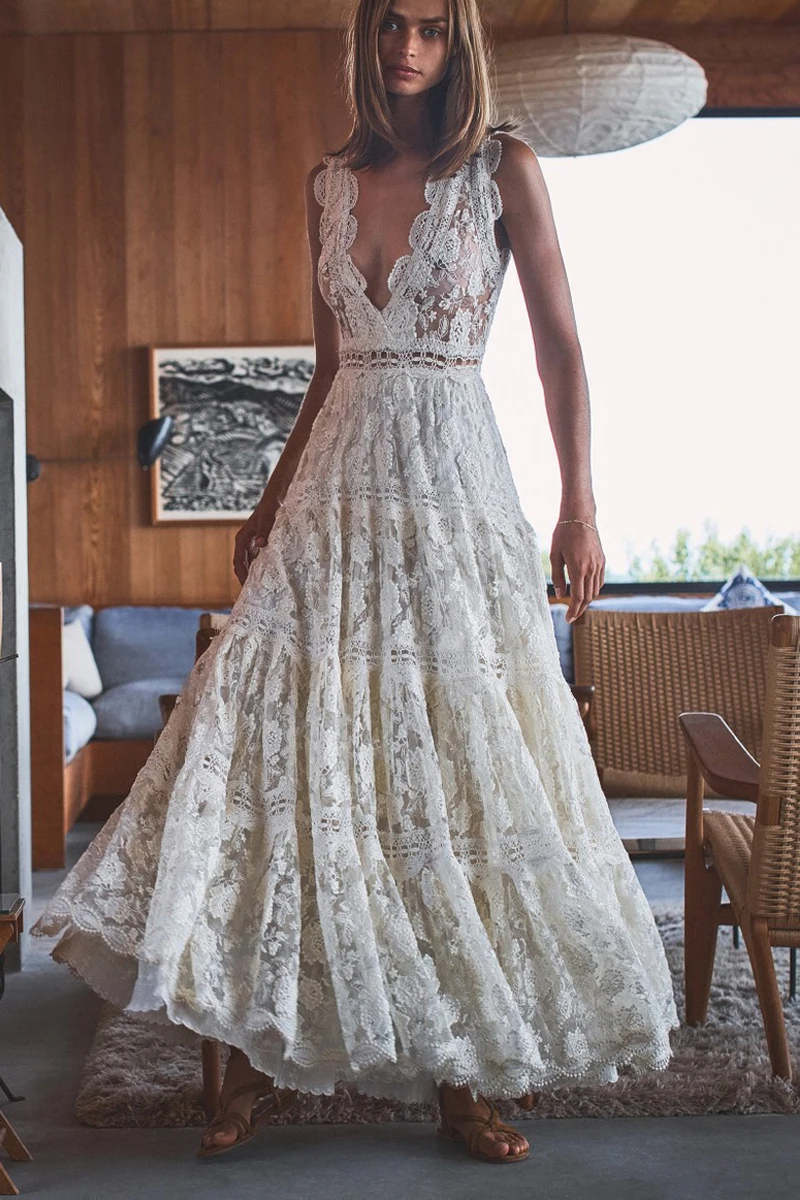 

White Hollow Lace Fairy Dress Sexy V-neck Sleeveless A- Line Dress 2021 Summer High Waist Slimming Elegant Floor-lenght Dress