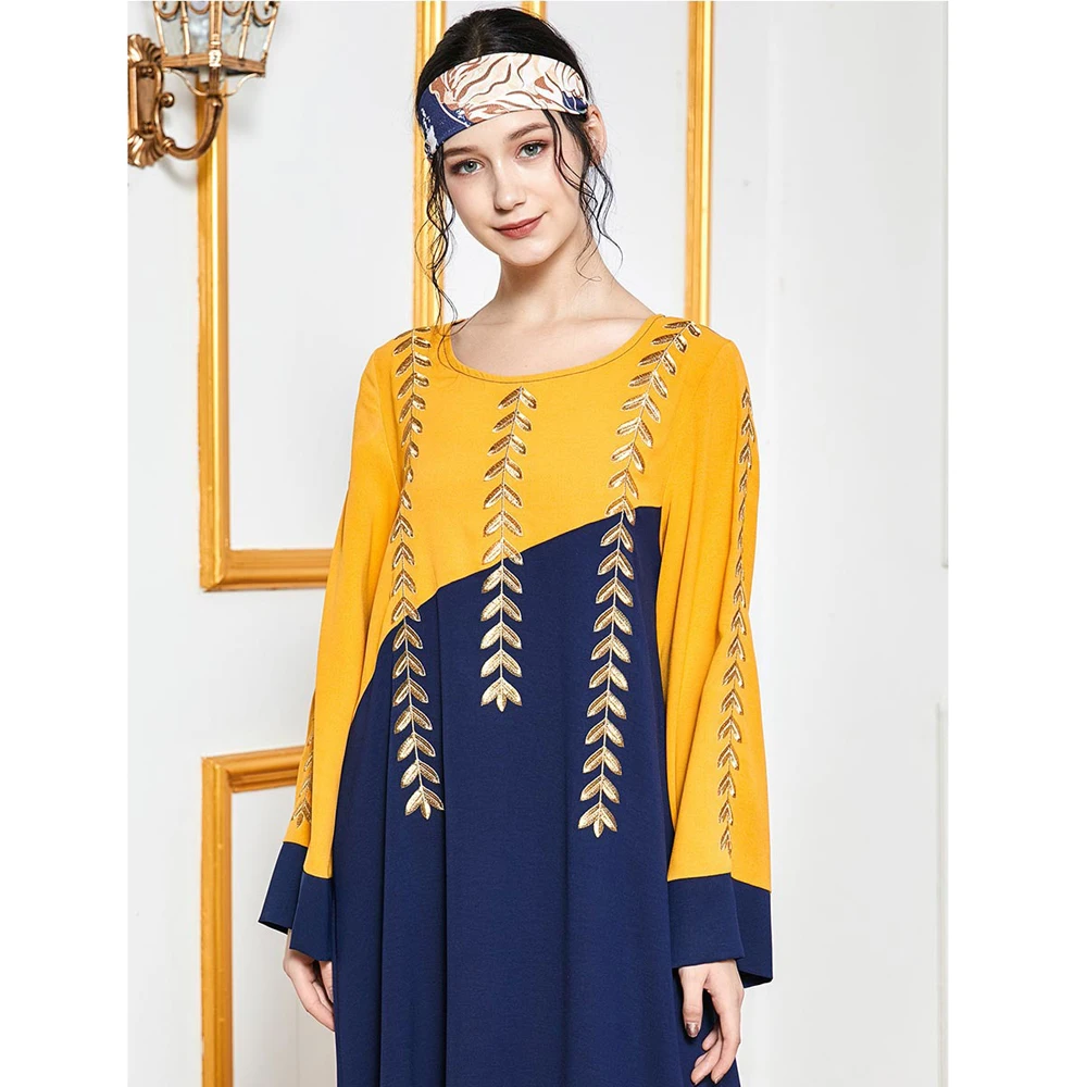 

Abaya Muslim Women Long Dress Patchwork Maxi Robe Embroidery Arab Jilbab Ramadan Long Sleeve Gown Color Block O-neck Fashion New
