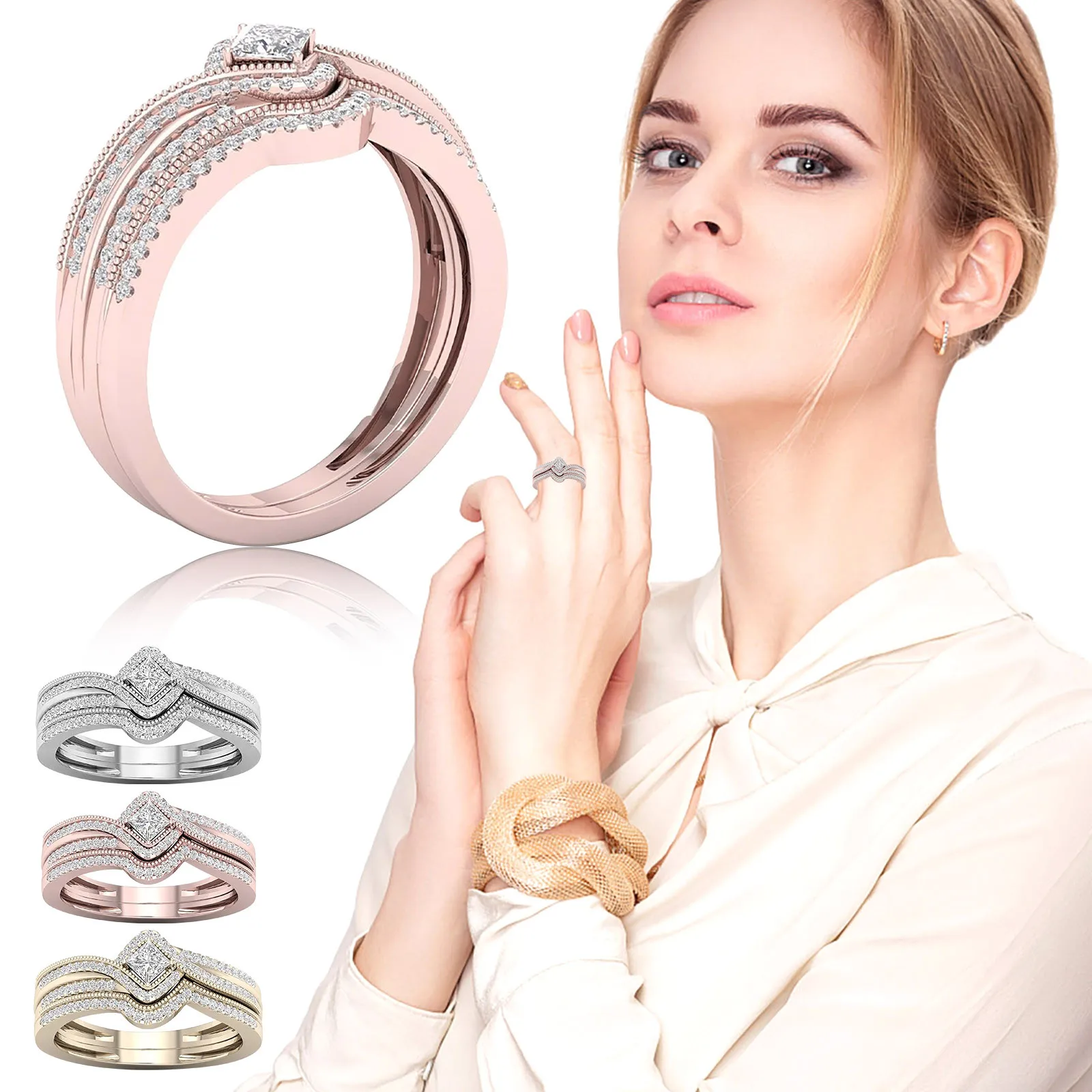 

Women's Heart Shaped Rhinestone Ring Set 2-piece Stackable Rings With Engagement Wedding Anniversary Jewelry Promise Ring