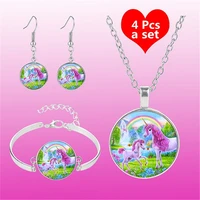 unicorn colorful world art photo jewelry set glass pendant necklace earring bracelet totally 4 pcs for women fashion party gifts