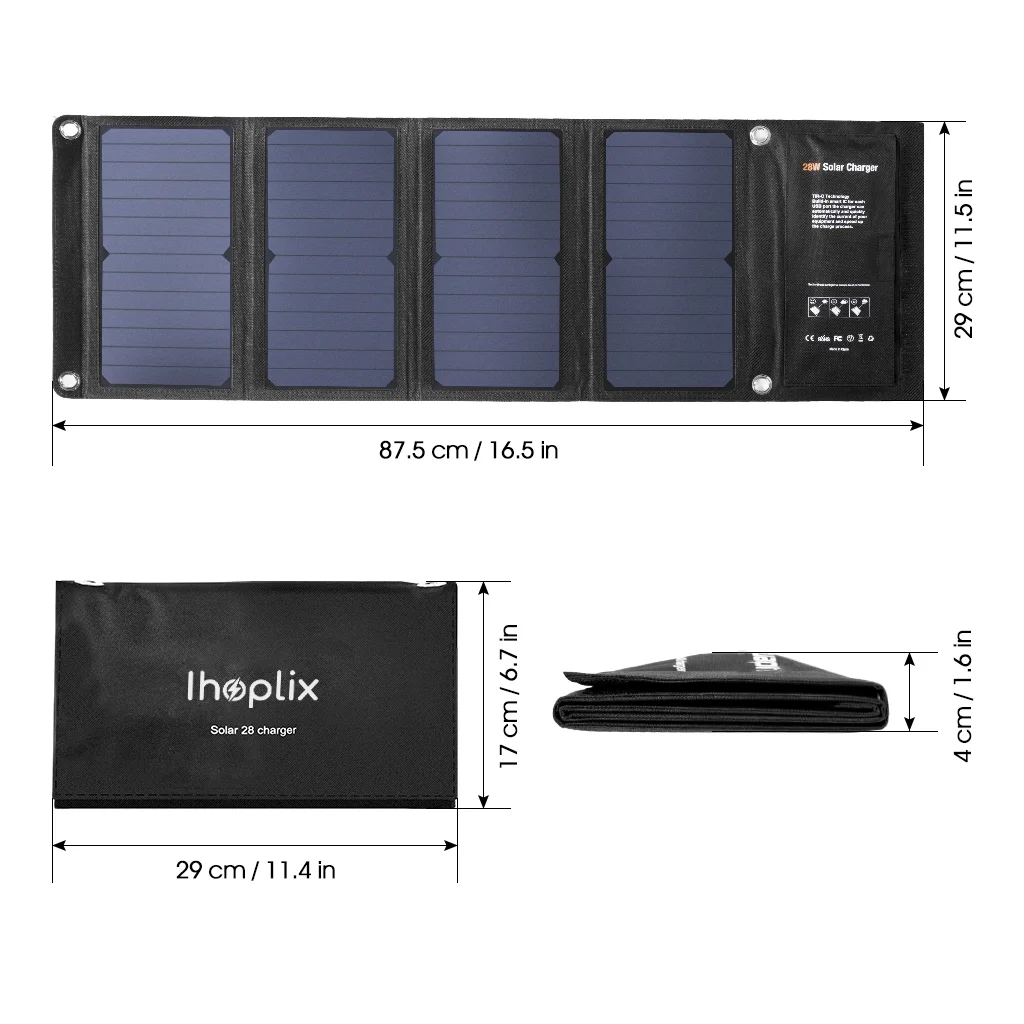 IHOPLIX 28W Foldable Portable Solar Charger with QC 3.0 Quick Charging 3 USB Port for Cell Phone iPhone iPad Samsung Tablet