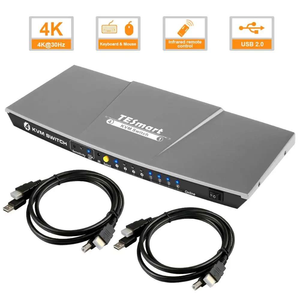 Tesla smart KVM Switch 4 порта USB2.0 HDMI коммутатор Поддержка 3840*2160/4K * 2K IR дополнительный USB 2 0