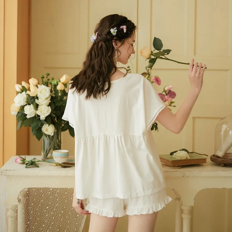 

2021 HOT Pyjamas Women Coton Lace Ruffled Sleep Wear Women Pajamas Set Female Vintage Sleepwear Shorts Lingerie Set Home Clothes