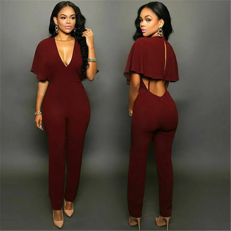 Женский Облегающий комбинезон с V-образным вырезом широкими штанинами и оборками