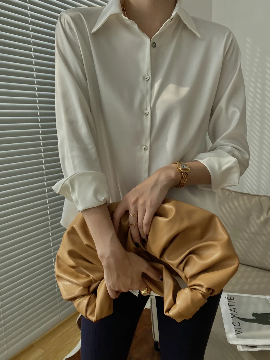 OL Single-Breasted Satin White Shirt Office Ladies High-Quality Long-Sleeved Blouse Spring Autumn Elegant Female Clothes | Женская