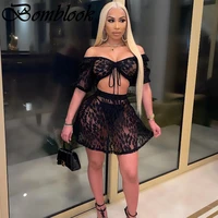 bomblook sexy party club womens suit summer 2021 solid square collar lace hollow out crop tops skirts sets femme streetwears