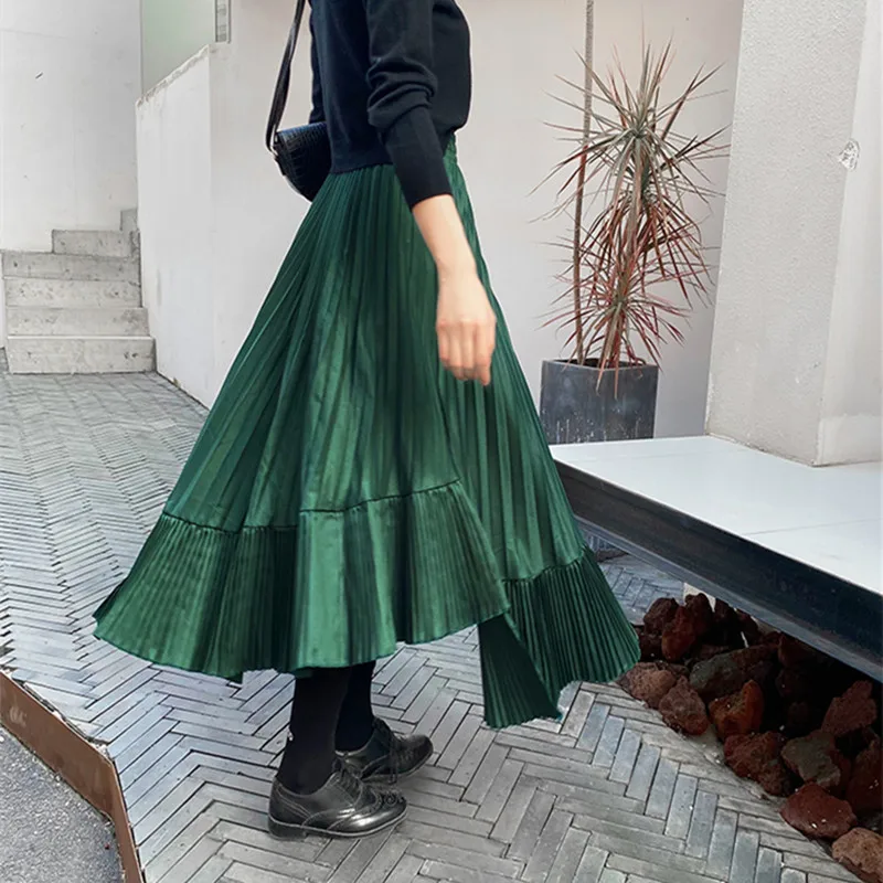 

HziriP OL Elegant Women High Waist Vintage Irregular Pleated Skirt New Autumn Winter Formal Plus Size Solid Long Skirts Womens