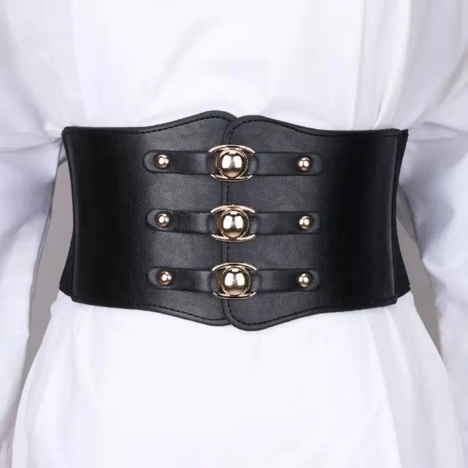 Vintage Corset Metal Button Pu Belt for Women Leather Slimming Gothic Punk Belts Elastic Shapewear Strap Stretch Shaping Girdle