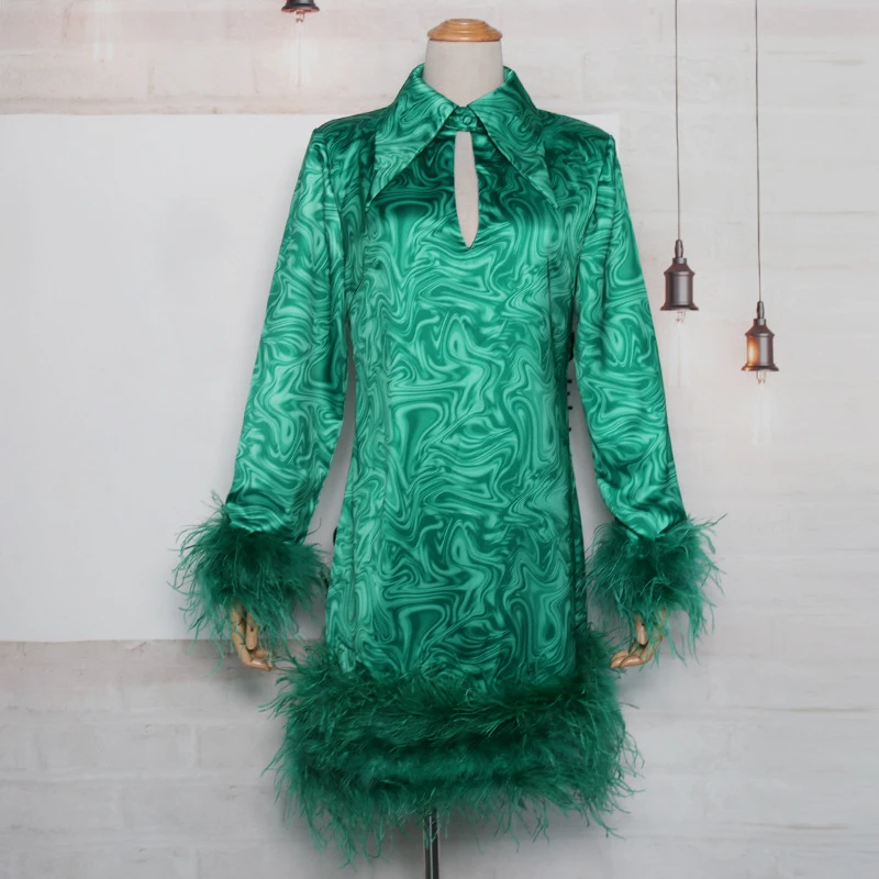 

2020 Autumn Print Patchwork Feathers Women's Dress Lapel Collar Long Sleeve Tassel Mini Dresses Female Fashion New K402