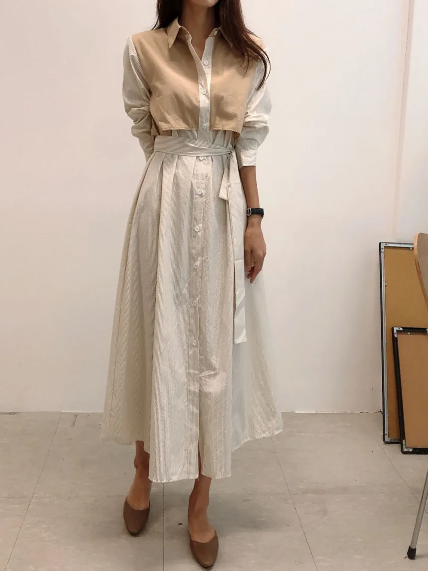 

Turn Down Collar Long Sleeve Single Breast Dress Women Fashion Fake 2 Pcs Patchwork Vestidos Spring 2021 New Robe