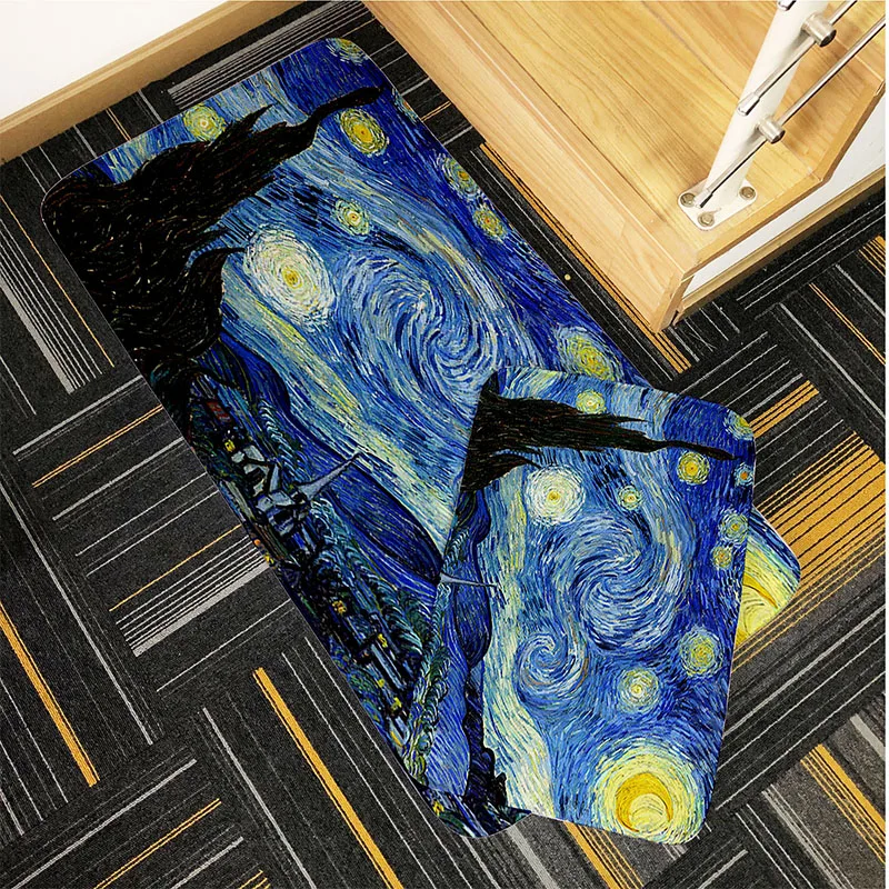 

New Van Gogh Oil Painting Doormat Kitchen Toilet Bath Floor Mat Retro Art Sunflower Starry Night Hallway Entrance Anti-Slip Rug