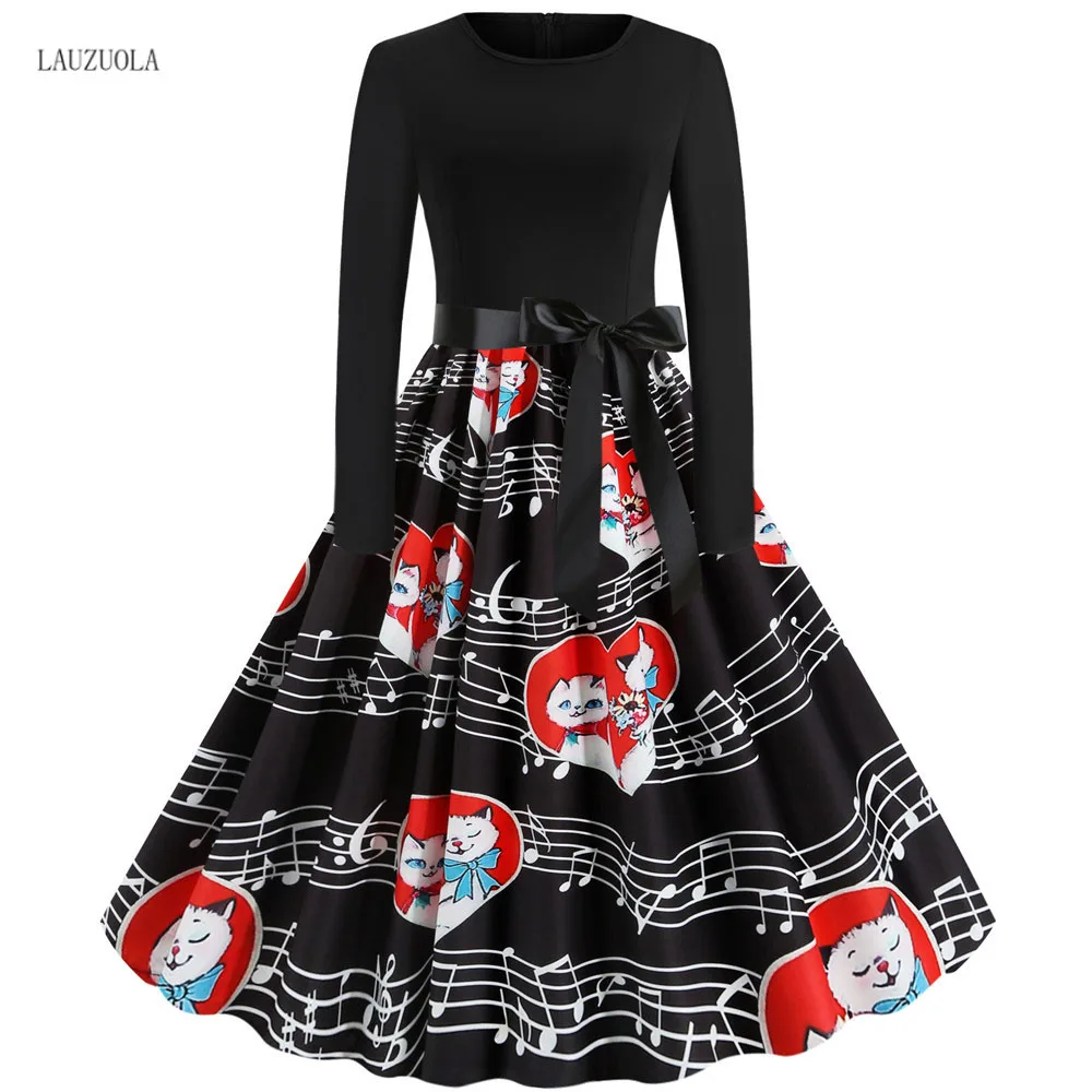 Robe noel femme зимние платья для женщин с длинным рукавом и принтом Винтаж Pinup рокабилли Год Вечерние Платье на День святого Валентина Черный Vestido 3XL