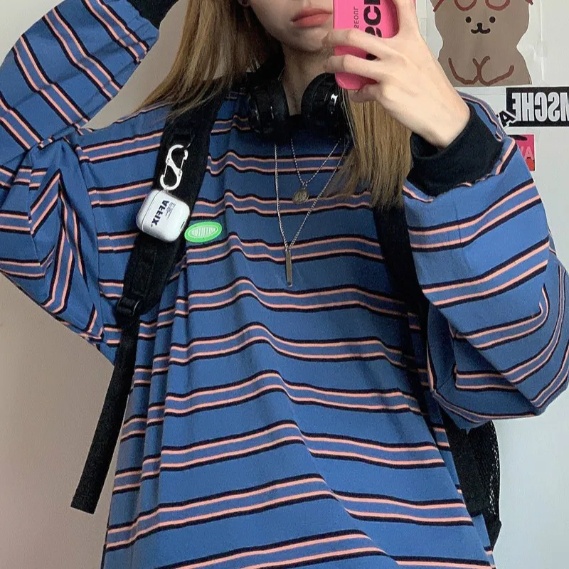 

KOSAHIKI 2021 Spring Harajuku Sweatshirt Loose Hoodies Japanese Casual Striped Pullovers Women Fashion O Neck Clothes 11a074