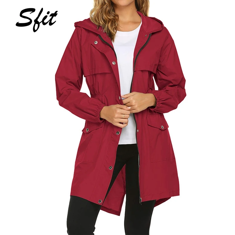 Sfit женский плащ легкий с капюшоном Длинная ветровка для улицы дышащий дождевик