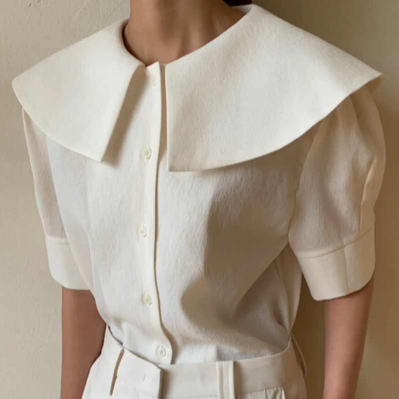 

Корейский шикарный летний женский топ с пышными рукавами и отложным воротником, блузки, Повседневная однотонная Новая Элегантная рубашка ...