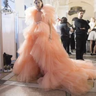 Драматическое многослойное Тюлевое платье для выпускного вечера с высоким низким шлейфом Пышное вечернее платье Персиковое розовое платье для вечеринки