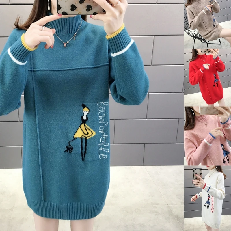 

Women Autumn Winter Long Sleeves Half Turtleneck Knitted Sweater Loose Solid Color Pullover Korean Style Mid-length Casual Tops