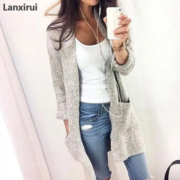 

Knitted Sweater Women Fashion Casual Long Sleeve Grey Cardigan Coat Female Autumn Winter Christmas Sweaterz30